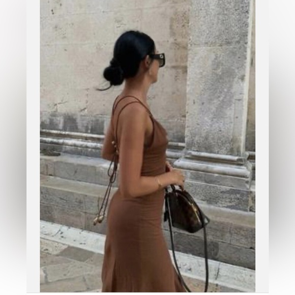 Zara Women Rustic Camisole Midi Brown Dress Size Small. Linen Blend - Picture 5 of 14